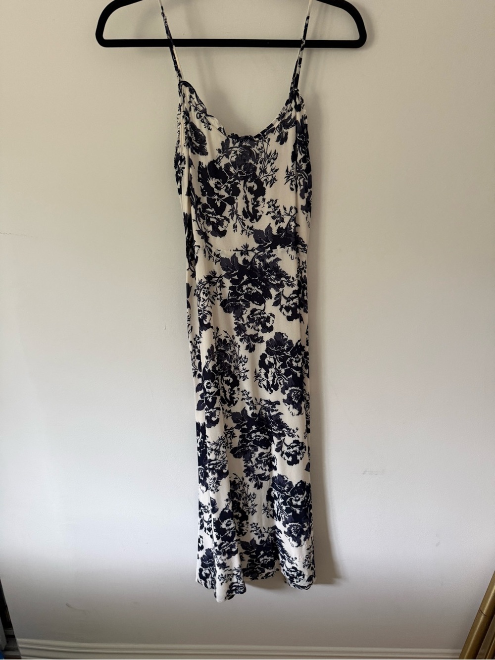 Reformation Cream Maxi Slip Dress with Navy Floral Print